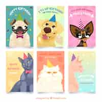 Vector gratuito colección de tarjetas de cumpleaños con mascotas