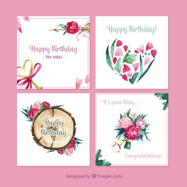 Colección de tarjetas de cumpleaños de naturaleza en acuarela