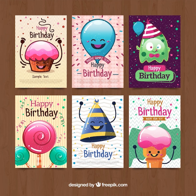 Colección de tarjetas de cumpleaños con personajes divertidos
