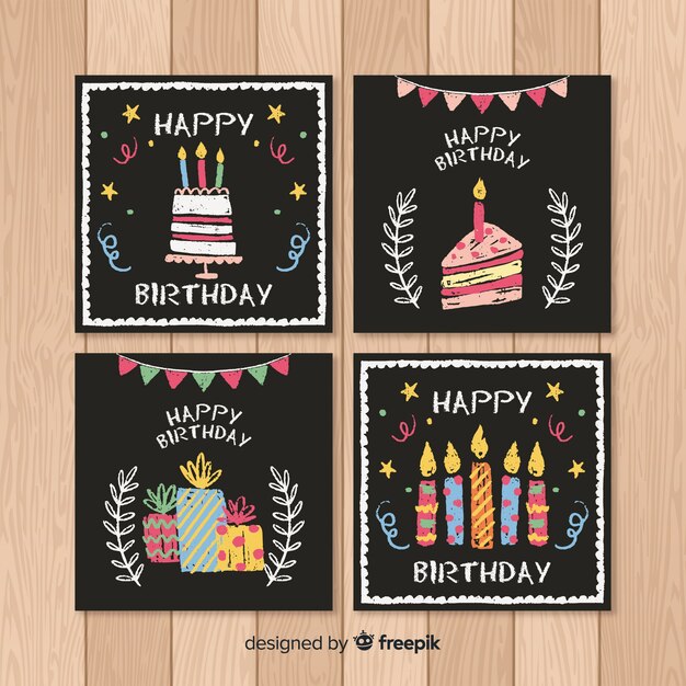 Colección de tarjetas de cumpleaños en pizarra