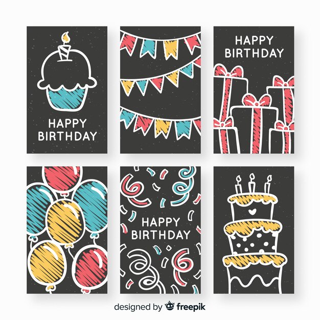Colección de tarjetas de cumpleaños en pizarra