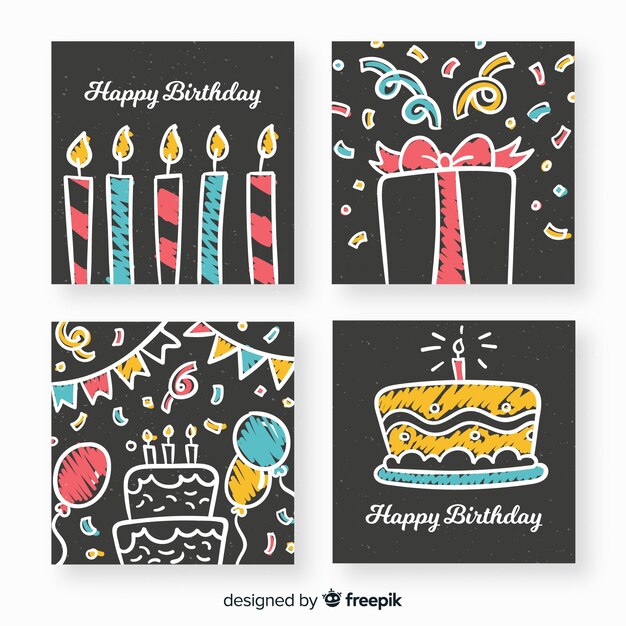 Colección de tarjetas de cumpleaños en pizarra
