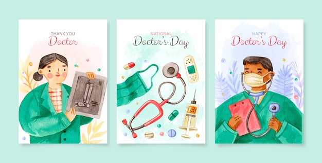 Vector gratuito colección de tarjetas del día nacional del médico en acuarela