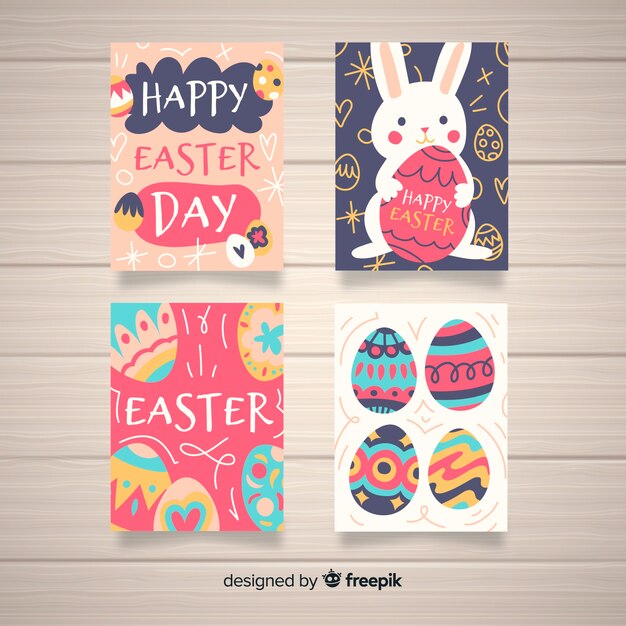 Colección de tarjetas del día de pascua dibujadas a mano