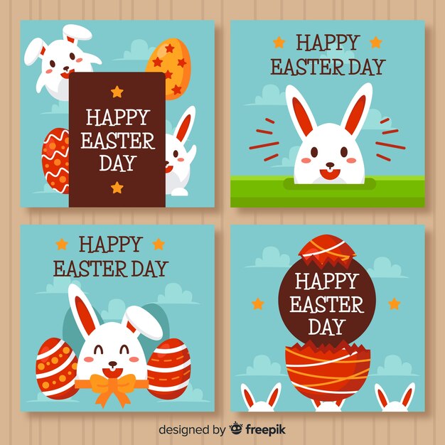 Colección de tarjetas del día de pascua en diseño plano