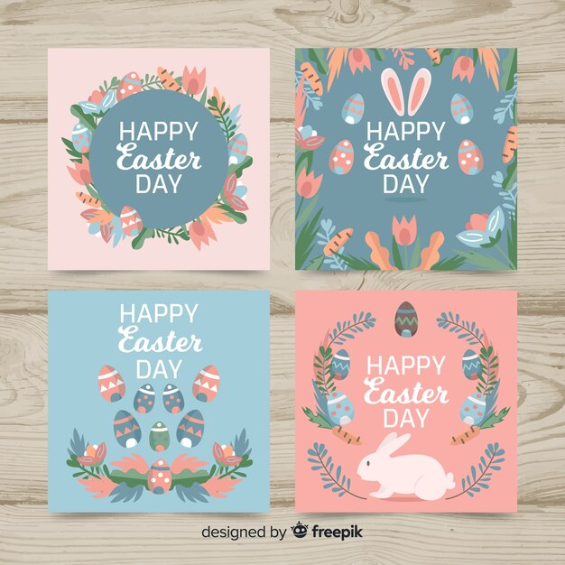 Colección de tarjetas del día de pascua en diseño plano