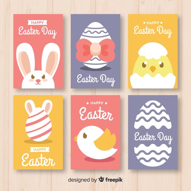 Colección de tarjetas del día de pascua en diseño plano