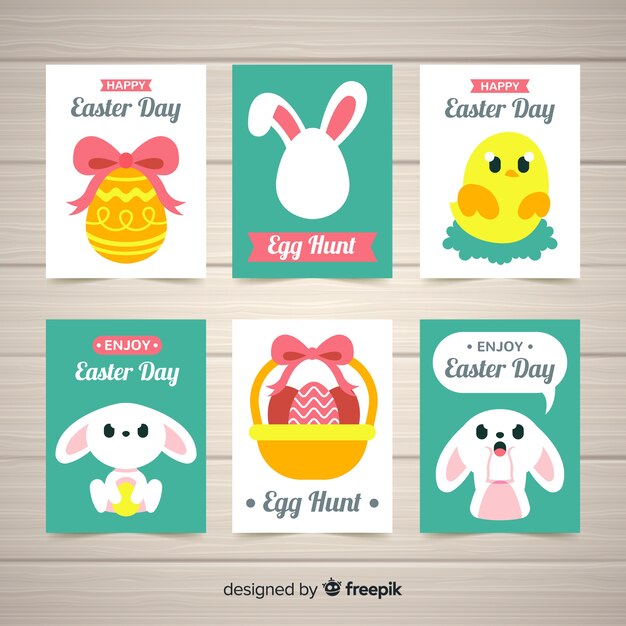Colección de tarjetas del día de pascua en diseño plano