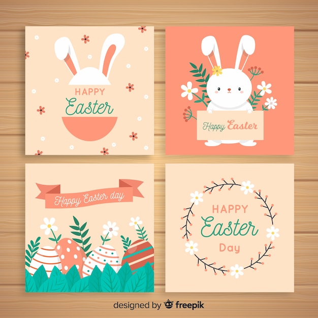 Colección de tarjetas del día de pascua en diseño plano