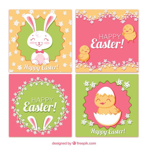Colección de tarjetas de día de pascua con lindos animales 