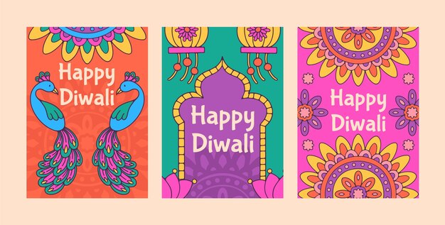 Colección de tarjetas dibujadas a mano para la celebración del festival diwali