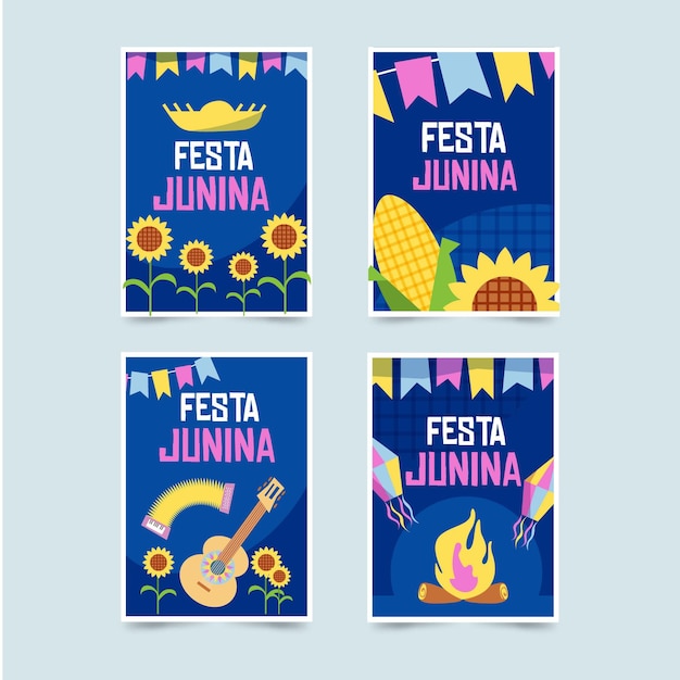 Colección de tarjetas de diseño plano festa junina