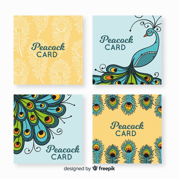 Colección de tarjetas con diseños elegantes de pavo real