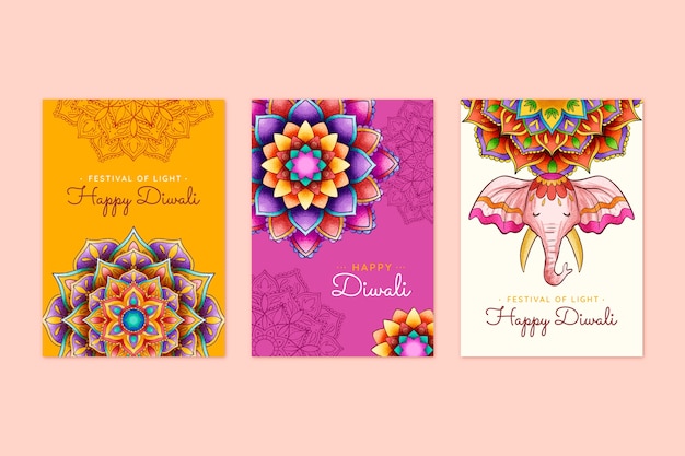 Colección de tarjetas de diwali dibujadas a mano