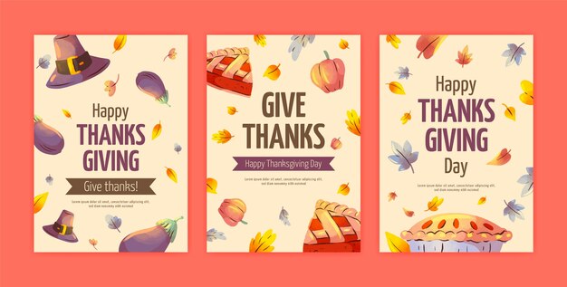 Colección de tarjetas de felicitación en acuarela para la celebración de acción de gracias.