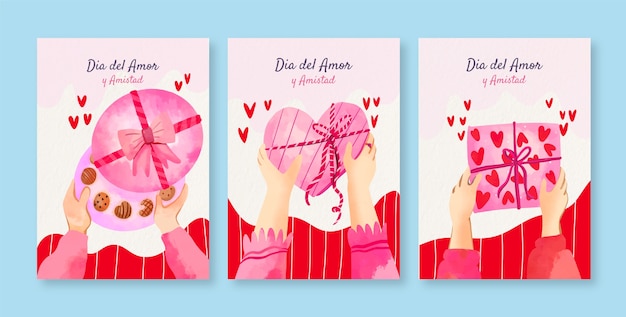 Vector gratuito colección de tarjetas de felicitación en acuarela para la celebración del dia del amor y la amistad