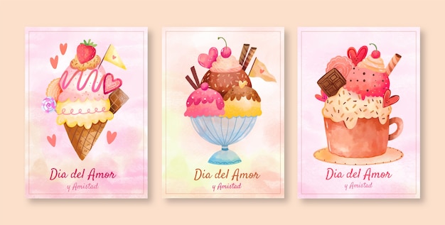 Vector gratuito colección de tarjetas de felicitación en acuarela para la celebración del dia del amor y la amistad