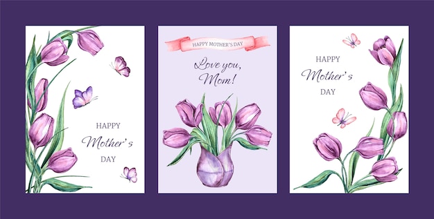 Vector gratuito colección de tarjetas de felicitación en acuarela para la celebración del día de la madre