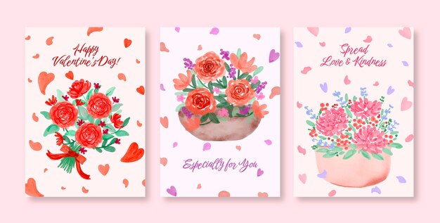 Colección de tarjetas de felicitación en acuarela para la celebración del día de san valentín