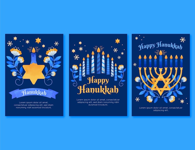 Colección de tarjetas de felicitación en acuarela para la celebración de hanukkah