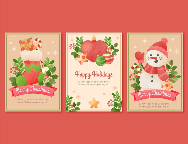 Colección de tarjetas de felicitación en acuarela para la celebración navideña con muñeco de nieve y medias