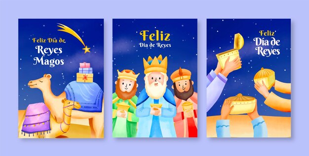 Colección de tarjetas de felicitación de acuarela para reyes magos