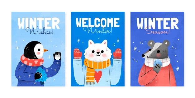 Colección de tarjetas de felicitación en acuarela para la temporada de invierno.