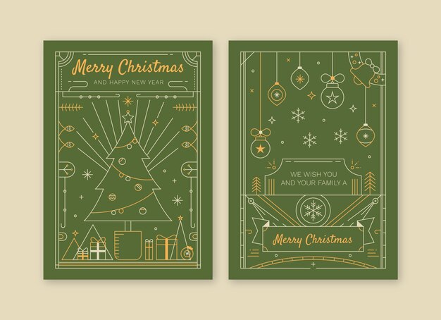 Colección de tarjetas de felicitación de arte de línea de temporada de navidad plana