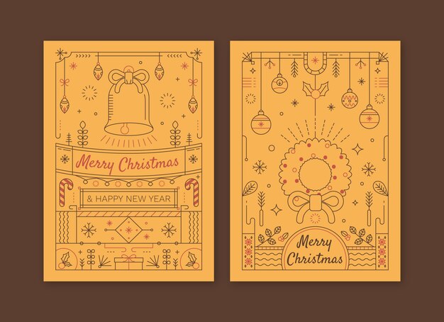 Colección de tarjetas de felicitación de arte de línea de temporada de navidad plana