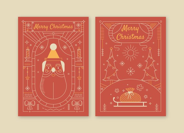 Colección de tarjetas de felicitación de arte de línea de temporada de navidad plana