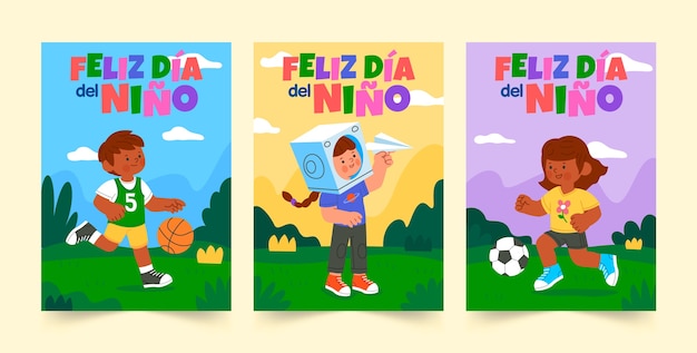 Vector gratuito colección de tarjetas de felicitación para la celebración del día de los niños en español