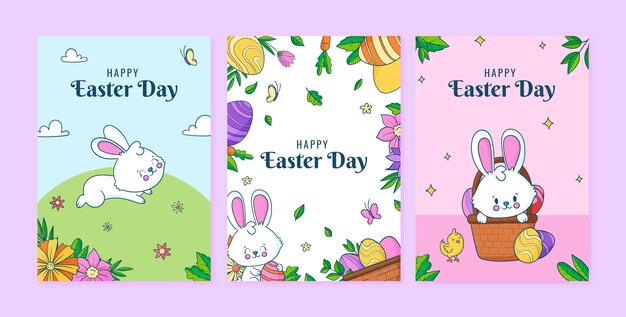 Colección de tarjetas de felicitación de celebración de pascua dibujadas a mano
