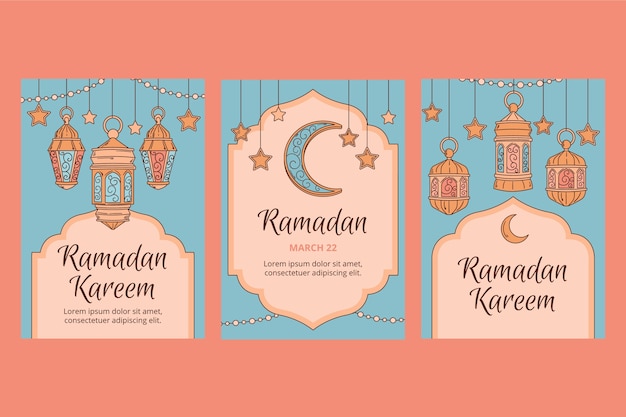 Colección de tarjetas de felicitación de celebración de ramadán dibujadas a mano