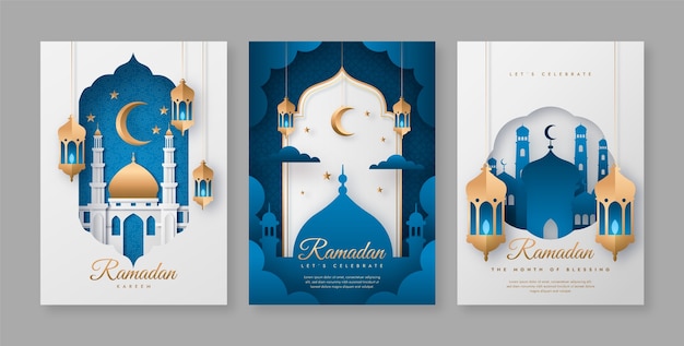 Colección de tarjetas de felicitación de celebración de ramadán estilo papel