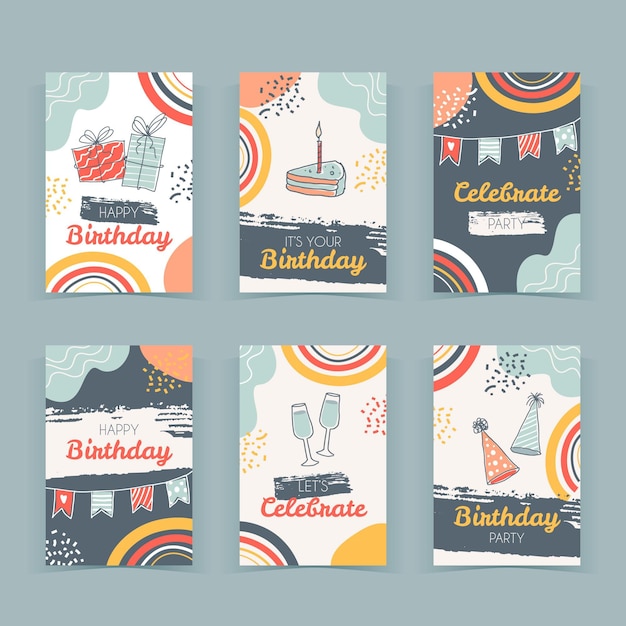 Vector gratuito colección de tarjetas de felicitación de cumpleaños dibujadas a mano