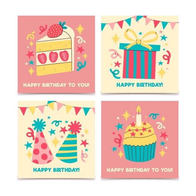 Colección de tarjetas de felicitación de cumpleaños dibujadas a mano