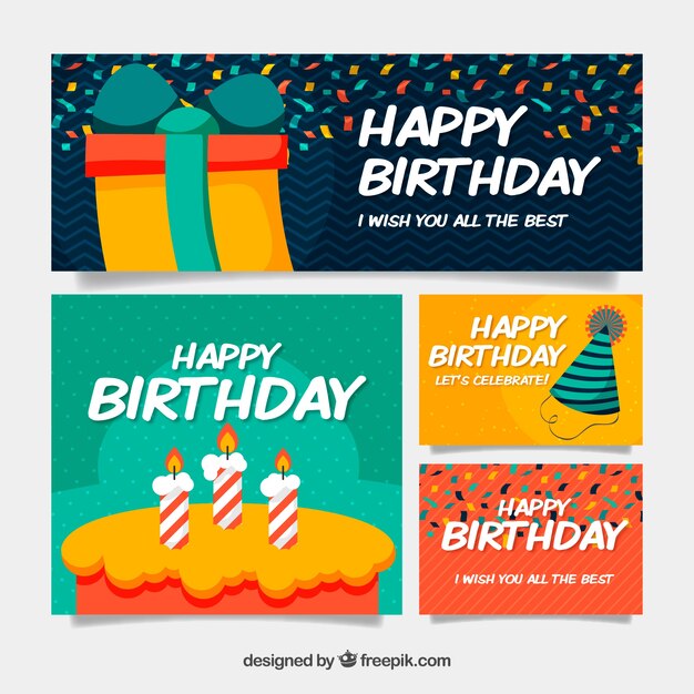 Colección de tarjetas de felicitación para cumpleaños en diseño plano