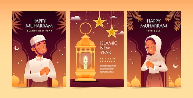 Vector gratuito colección de tarjetas de felicitación degradadas para la celebración del año nuevo islámico