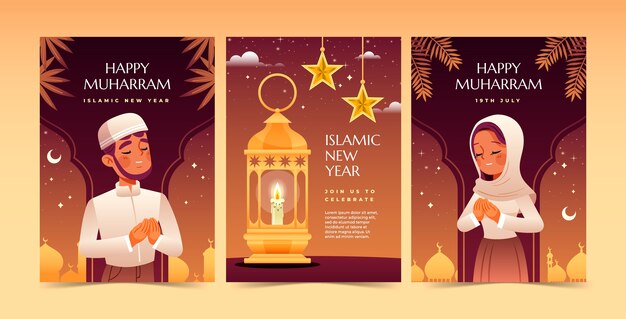 Colección de tarjetas de felicitación degradadas para la celebración del año nuevo islámico