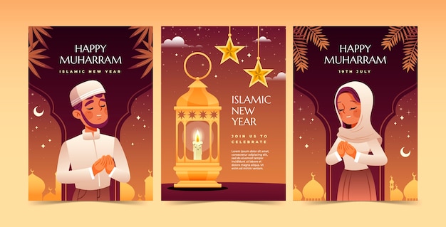 Colección de tarjetas de felicitación degradadas para la celebración del año nuevo islámico