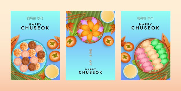 Colección de tarjetas de felicitación degradadas para la celebración del festival coreano chuseok