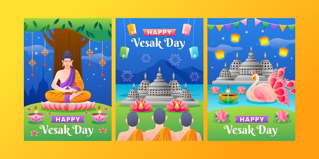 Colección de tarjetas de felicitación degradadas para la celebración del festival del día de vesak