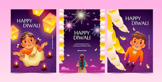 Colección de tarjetas de felicitación degradadas para la celebración del festival de diwali.