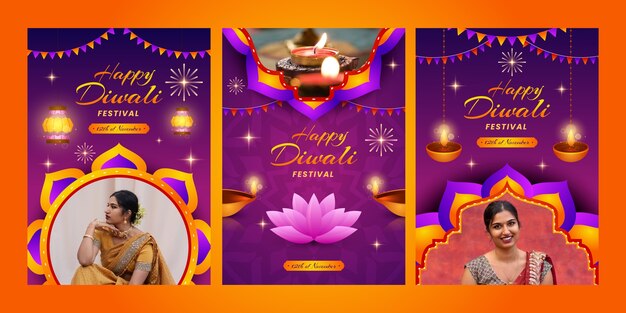 Colección de tarjetas de felicitación degradadas para la celebración del festival hindú de diwali