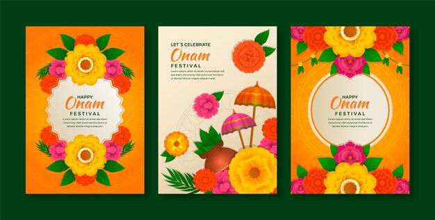Colección de tarjetas de felicitación degradadas para la celebración del festival onam