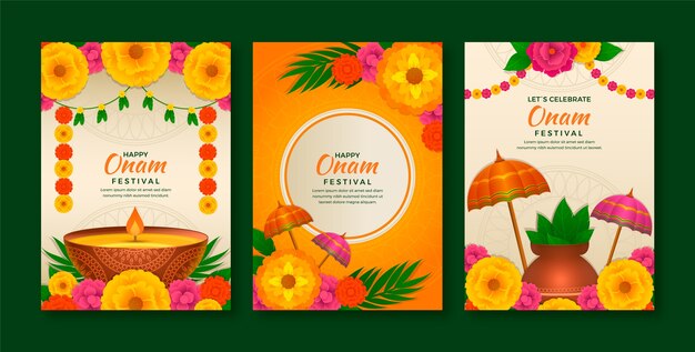 Colección de tarjetas de felicitación degradadas para la celebración del festival onam