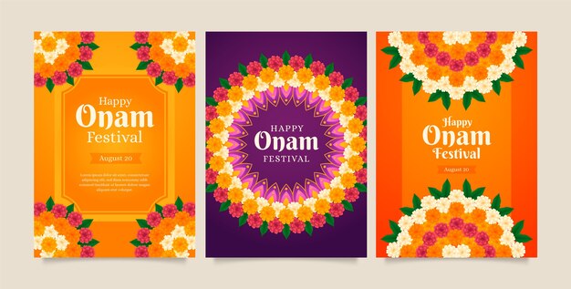 Colección de tarjetas de felicitación degradadas para la celebración del festival onam