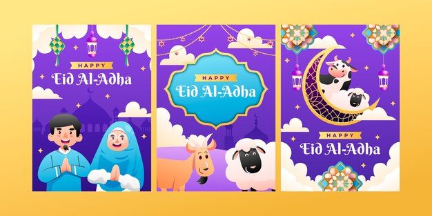 Colección de tarjetas de felicitación degradadas para la celebración islámica de eid al-adha
