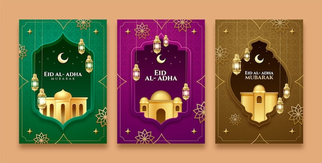 Vector gratuito colección de tarjetas de felicitación degradadas para la celebración islámica de eid al-adha