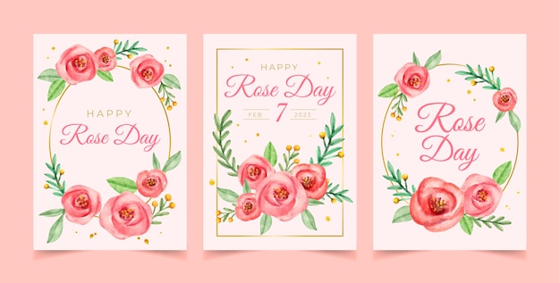 Vector gratuito colección de tarjetas de felicitación del día de la rosa en acuarela